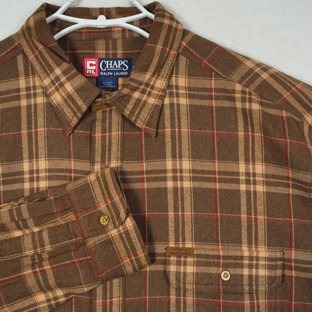 Chaps Ralph Lauren Mens Brown Plaid Cotton Wool Blend Button Down Shirt XL‎